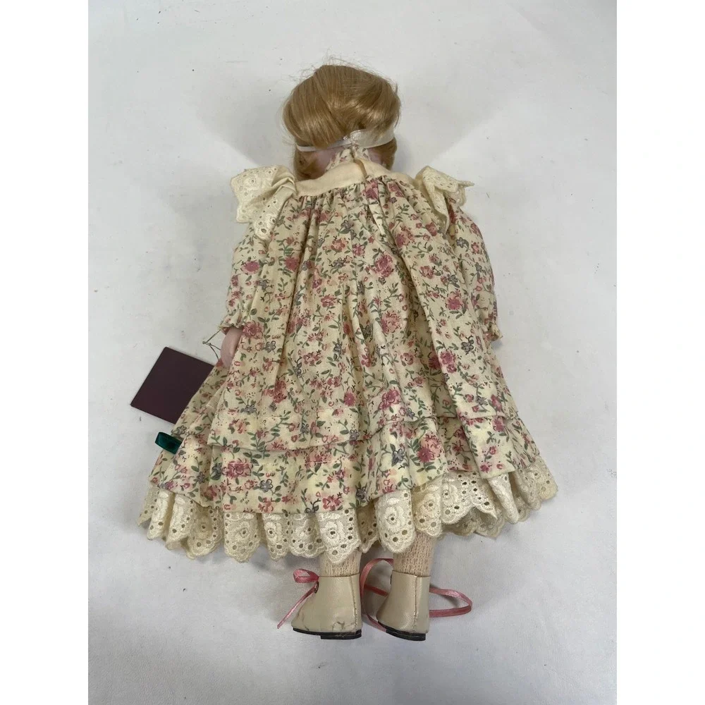 Decor & More Porcelain Doll Blonde Hair Blue Eyes Floral Dress Lace Trim 16 inch